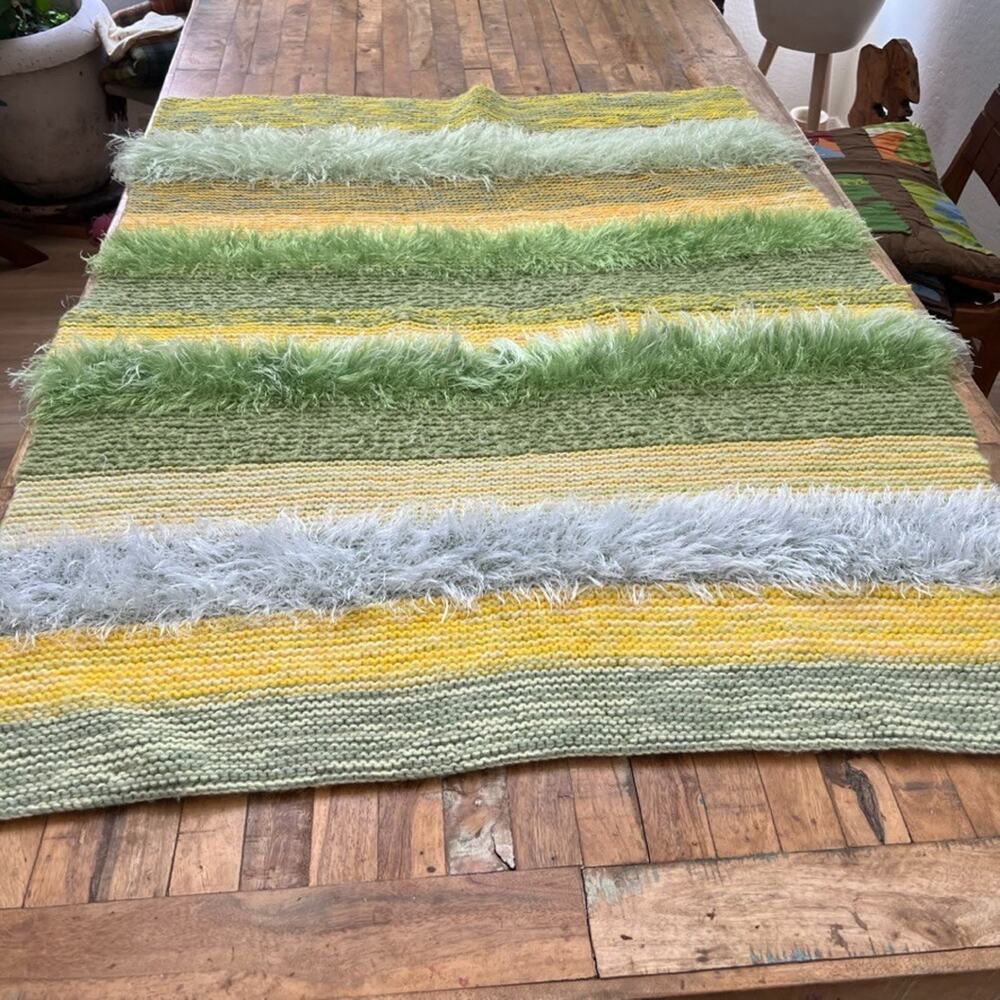 Hand Knit Throw Blanket Yellow Green Striped Fringed 50 x 40 in Color Block